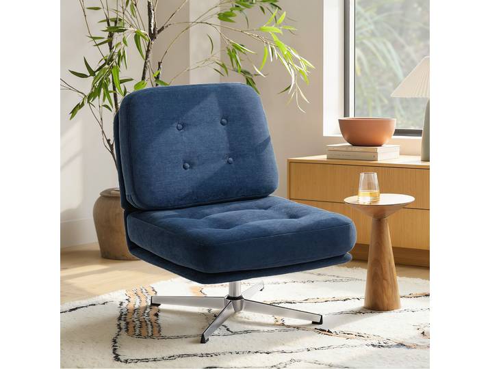 HOMCOM Fauteuil Pivotant Rembourré Chenille Bleu Pieds Métal