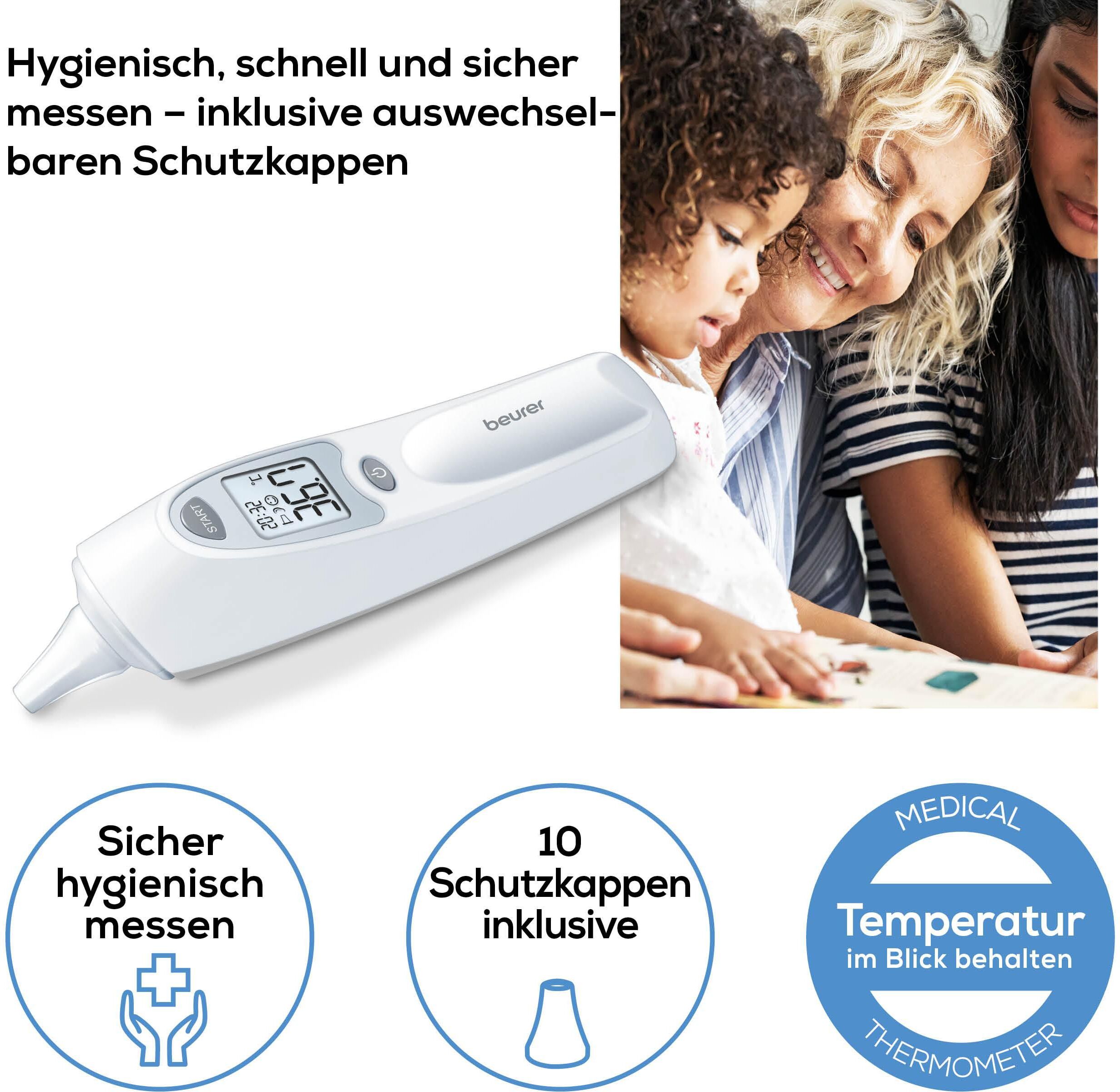 Ohr-Fieberthermometer BEURER "FT 58 mit Signalton bei Messende, Infrarot-Messtechnik", weiß, Temperaturmessgeräte, BabyB:3,8cm H:15,5cm T:4,7cm, Kunststoff, Ohr-Fieberthermometer, Hygienische Messung dank Abwurf der Schutzkappe ohne Hautkontakt, B:3,8cm H