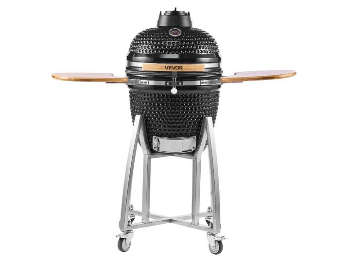 Barbecue Kamado VEVOR\, barbecue en céramique\, fumoir Ø 450 mm\, avec poignées en bois\, tablettes latérales\, support métallique avec roulettes et thermomètre jusqu'à 400 °C\, circulation d'air supérieure et inférieure\, pour barbecue\, grillades\, cuisson et pâtisserie en extérieur
