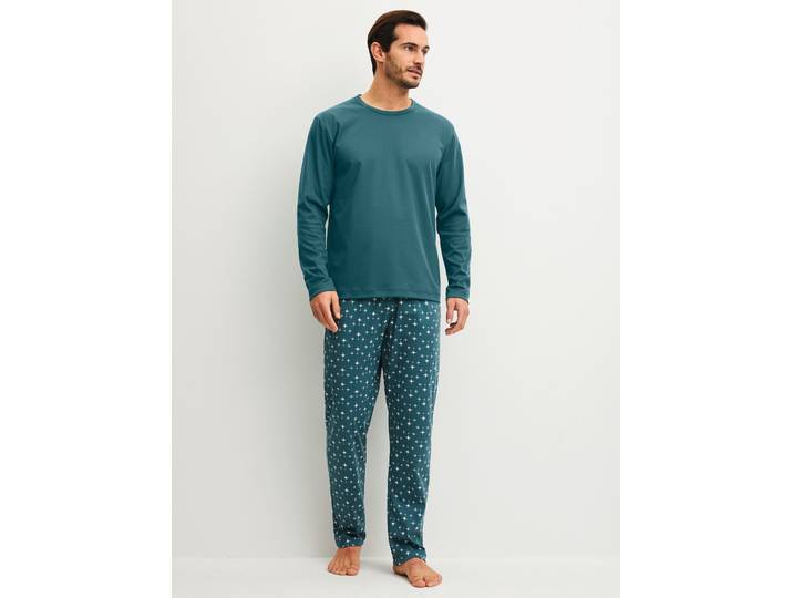 Schlafanzug CALIDA Relax Streamline 3 , Damen, Gr. XL (56), grün (schwarz petrol), Interlock, Obermaterial: 100% Baumwolle, bequem lang, Rundhals, Homewear-Sets Schlafanzug, Langarm-Shirt mit eingefasstem Rundhalsausschnitt