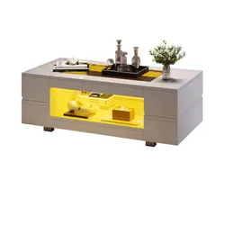 OKWISH LED Couchtisch 100x50x35cm Hohler Tisch Hochglanz Glasplatte 2 Ablagen App Steuerung Fernbedienung modern Wohnzimmer Tisch Weiß