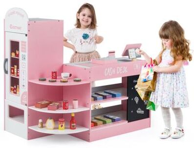 Costway Kids Grocery Store Playset with Cash Register POS Machine-Pink