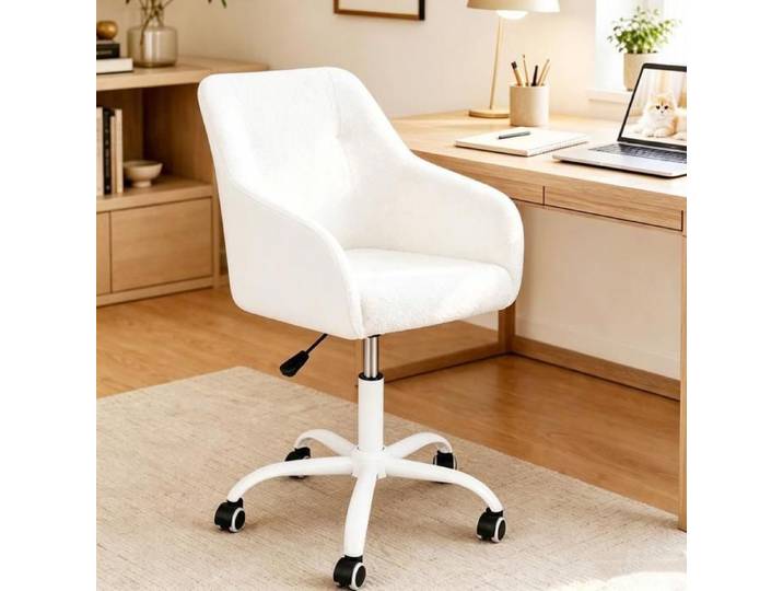 VIVOLILV Fauteuil de bureau blanc velours et Simili-cuir Chaise Bureau 360° pivotant accoudoirs chaise coiffeuse vanity scandinave