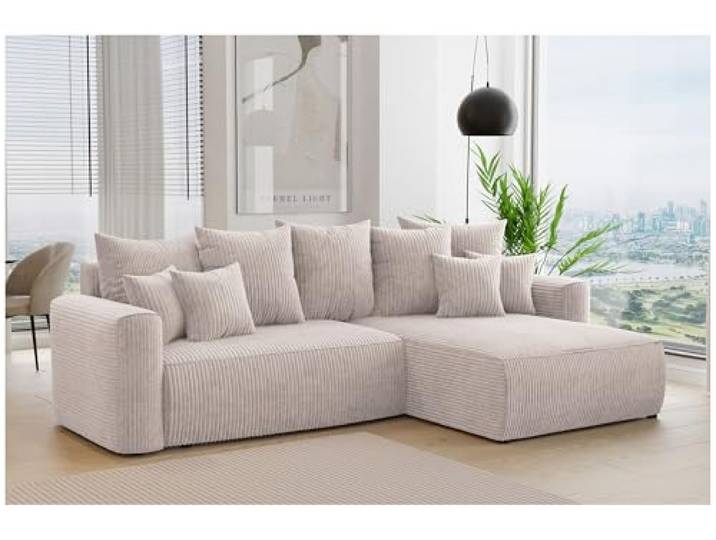 MEBLINI Schlafcouch mit Bettkasten - 260x160x78cm - Creme Cordstoff - Bali - Kleines Ecksofa mit Schlaffunktion - Sofa mit Relaxfunktion und Kissen - Kleine Couch L-Form - Eckcouch