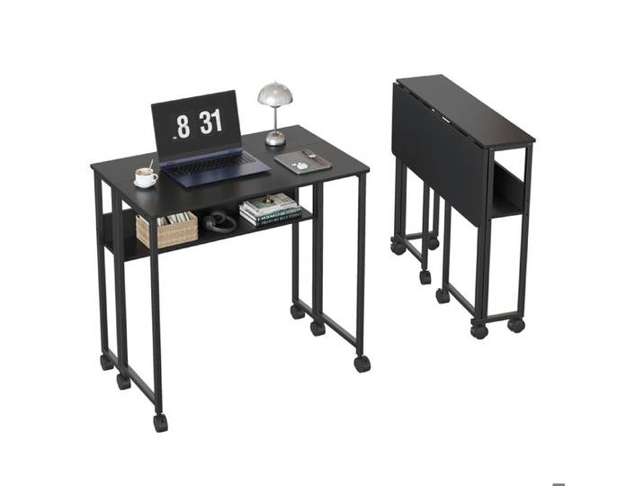 Bureau pliant avec tablette de rangement et roulettes - Table d'ordinateur portable 63 cm design compact - montage facile -Noir