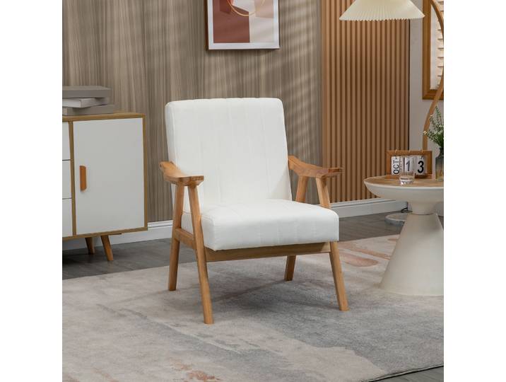 HOMCOM Fauteuil rembourré au Design Scandinave, Velours, Cadre en Bois Massif, 68 x 74 x 82 cm, Naturel + Blanc crème