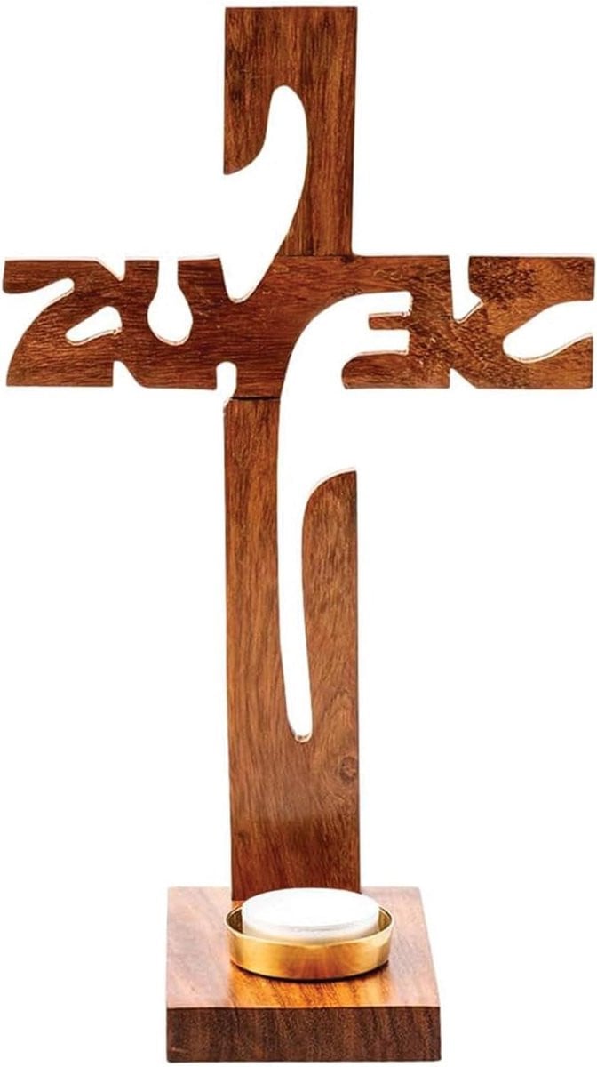 Houten Staand Kruis met Plaats voor Waxinelicht - Religieuze Decoratie - Hoogte: 29 cm