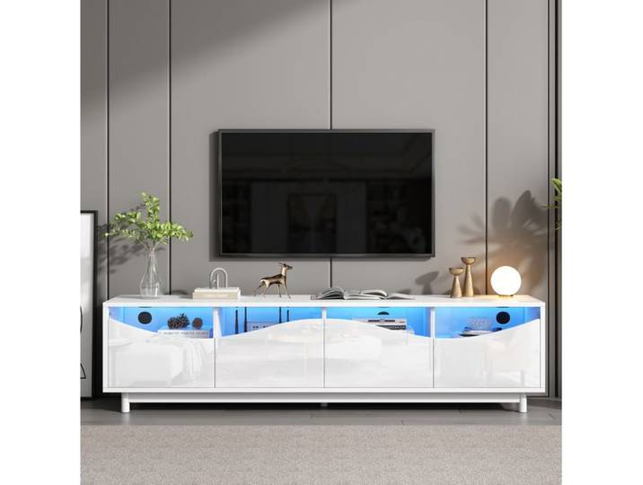 Meuble TV - SENVIRO courbe blanc laqué LED verre trempé 175x38x51cm blanc
