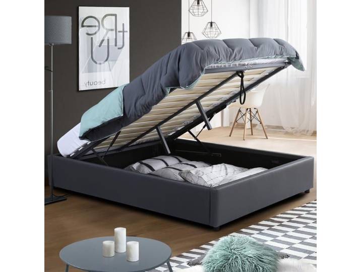 IDMARKET Lit coffre double MIAMI avec sommier 140 x 190 cm PVC gris