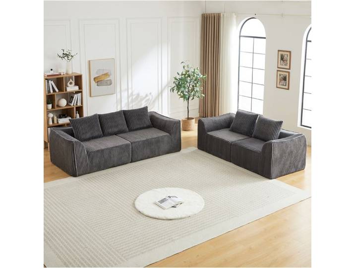 WUVRIE Ensemble de canapés modulaires 4 places en velours côtelé gris 5 coussins sans montage