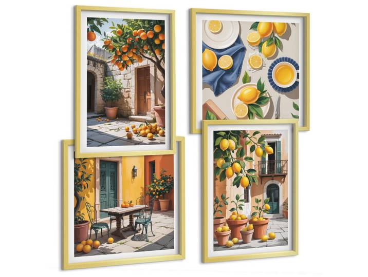 Tulup Bilder SET 4er Set - 50x50 cm & 40x60 cm Goldrahmen - Zitrusbäume in einem sonnigen Garten, Goldfarben, Kunststoff, Rechteckig, 50x50 cm, Fotografie, Bilder & Rahmen, Bilder
