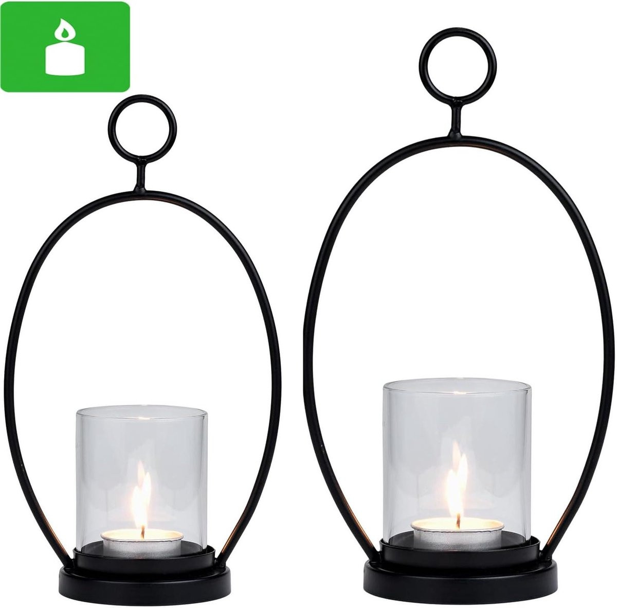 Set zwarte metalen kandelaars met windlichtglas, Hoogte: 30 cm en 25 cm