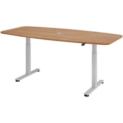 bümö elektrisch höhenverstellbarer Konferenztisch in Nussbaum 220x103 cm, Gestell: Silber - Besprechungstisch rund-oval, großer elektrischer Meeting