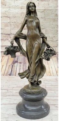 Bronzhaus Real Bronze Statue Farmer Girl W/Flower Basket Sculpture Fall Harvest Figurine Art