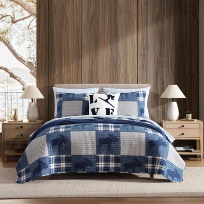 Eddie Bauer Moose Plaid Pinstripe Patchwork Cotton Blue Quilt Set