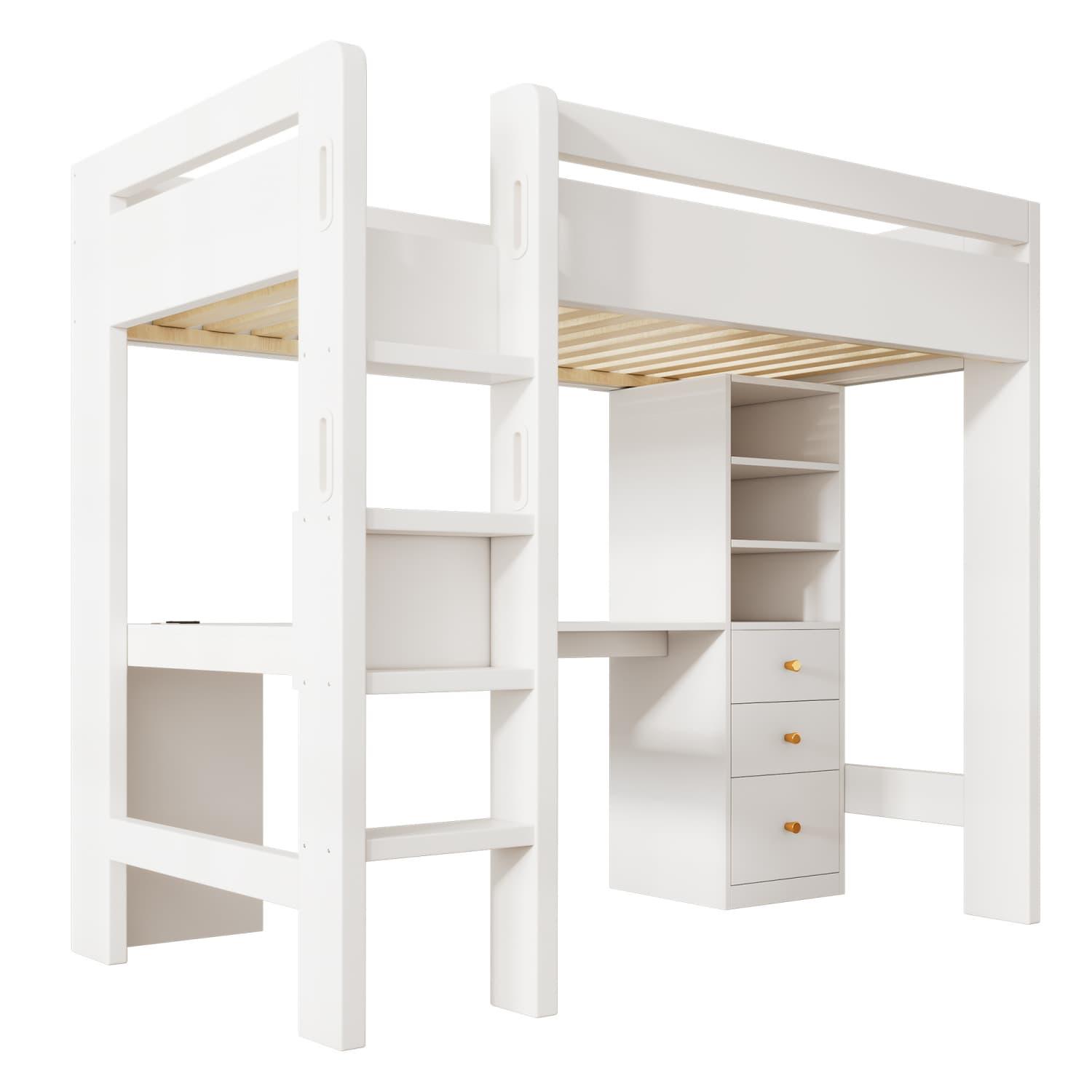 Kinderbett Hochbett mit L-förmigem Schreibtisch, Regalen und Schubladen mit USB/Type-C Ladebereich, Jugend-Einzelbett mit Leiter und Holzlattenrost