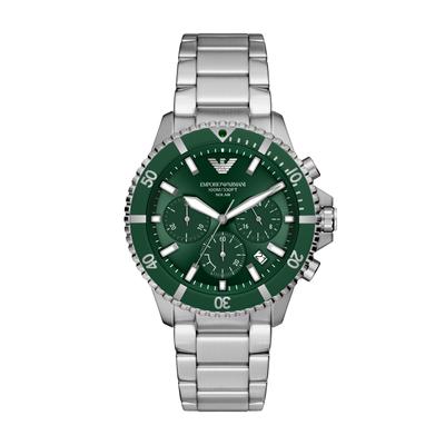 Chronograph EMPORIO ARMANI "WORLD EXPLORER", grün (edelstahlfarben, grün), Armbanduhren, Herren, Chronograph, Armbanduhr, Solar, Herrenuhr, Edelstahlarmband, analog, Tag