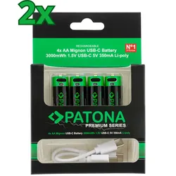 8x PATONA Premium USB-C 4x AA Akkus Lithium 1.5V 3000mWh (2x 4er Blister)