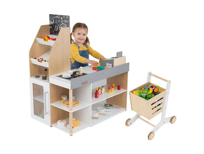 Kaufladen Kinder Supermarkt Hout voor Meisjes en Jongens vanaf 3 jaar Winkel met Krijtbord Kassa Inclusief Scanner Kaartlezer Creditcard Munten