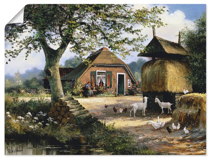 Wandbild ARTLAND Idyllische Farm mit Hühnern und Ziegen , grün (farbe bild(er): grün), B:40cm H:30cm, Bilder, Wandbild, als Leinwandbild, Poster in verschied. Grössen