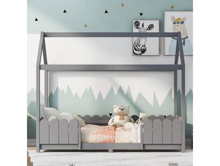 Bellemave Hausbett 90x200cm, Montessori Kinderbett mit Rausfallschutz, Grau Haus-Design, Kiefernholz-MDF Konstruktion, inklusive Lattenrost, belastbar bis 120 kg, 1-Paket-Lieferung, ohne Matratze