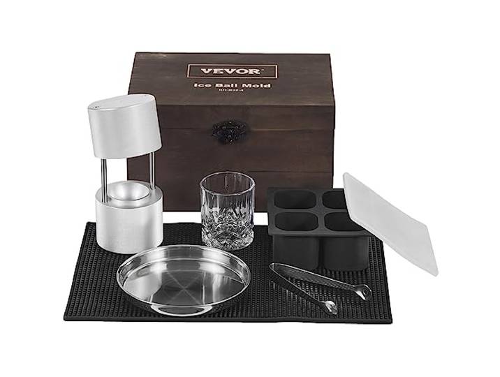 VEVOR Ice Ball Maker Eiskugelpresse Satz 60 mm, Eiswürfelform Eiskugelform mit Tropfschale & Eiszange & Glas, Strapazierfähige Eiswürfelformen Eiswürfelbehälter Silber Whisky, Americano