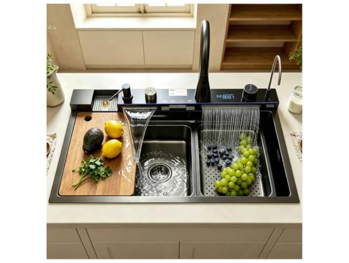HZKSINNK 75x45cm Küchenspüle Mit Zwei Wasserfällen 1 Becken Schwarz Multifunktional Edelstahl Barspüle Nanobeschichtetes Mit Ausziehbare Wasserhähne Gläserspüler Und Abflusskörbe-und Ablauf-Set