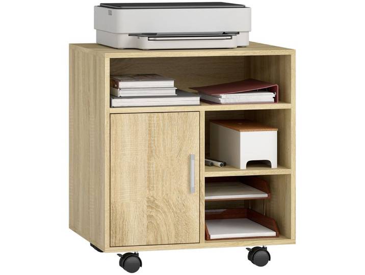 Support d'imprimante - organiseur bureau - HOMCOM - caisson placard porte 3 niches + grand plateau - panneaux particules - naturel