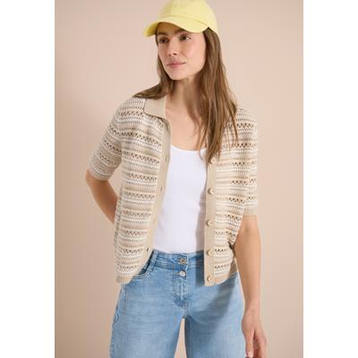 Strickjacke CECIL, Damen, Gr. XL (44), beige (grain beige), Strick, Obermaterial: 100% Baumwolle, gestreift, normal hüftbedeckend, Rundhals, Bündchen, Strickjacken Strickjacke, Kurzarm Cardigan mit Polokragen