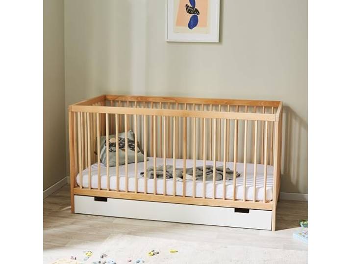 Kids Collective Babybett Kinderbett Gitterbett 60x120 höhenverstellbar & herausnehmbare Sprossen, Schublade Buchenholz Natur sehr stabil Made in Europe von Geburt bis 3. Lebensjahr