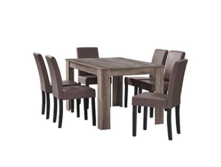 [en.casa] Esstisch Eiche antik mit 6 Stühlen braun Kunstleder gepolstert 140x90 Essgruppe Esszimmer