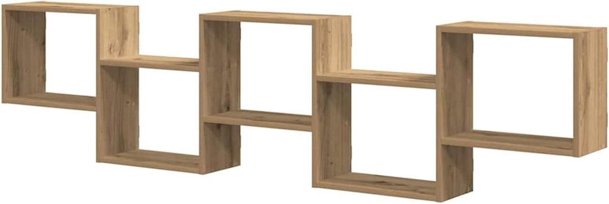 Wandkubusplank met vijf compartimenten voor decoratie en opslag, Eiken, 184 x 44 cm