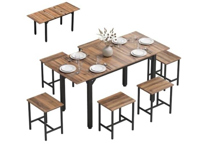 HOMCOM 7-teiliges Esstisch-Set mit Stühlen 120-160cm Schwarz Walnuss Industrielles Esszimmer-Set für 4-6 Personen, mit ausziehbarem Tisch und 6 platzsparenden Stühlen, Stahlbeine.