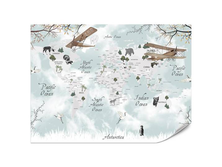 Muralo Fototapete für Kinderzimmer Weltkarte Tiere Flugzeuge Pflanzen 400x280, Braun, Weiß, Beige, Blau, Grau, Papier, Land-/Weltkarte, Rechteckig, 400x280 cm, Tapeten & Wandverkleidungen, Fototapeten