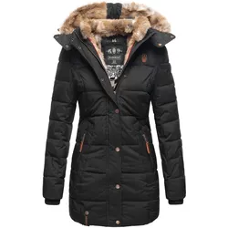 MARIKOO Damen stylischer Wintermantel Steppmantel mit Kunstpelz-Kapuze Lieblings Jacke