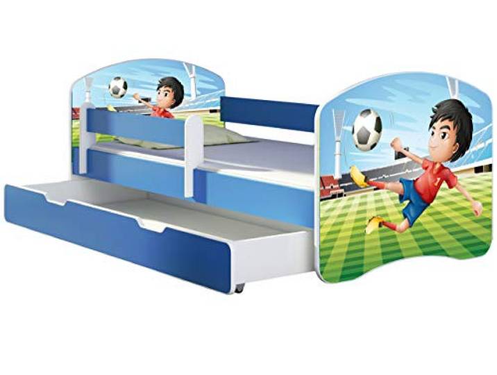 ACMA Kinderbett Jugendbett mit Einer Schublade und Matratze Blau mit Rausfallschutz Lattenrost II 140x70 160x80 180x80 (13 Fußballer, 160x80 + Bettkasten)