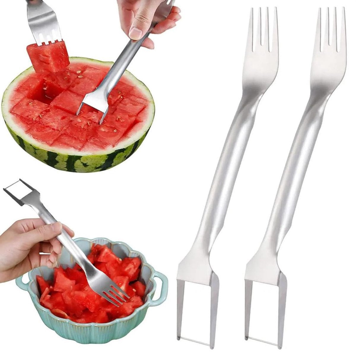 2-in-1 Watermeloen snijder en fruitvorken set van roestvrij staal, zilver