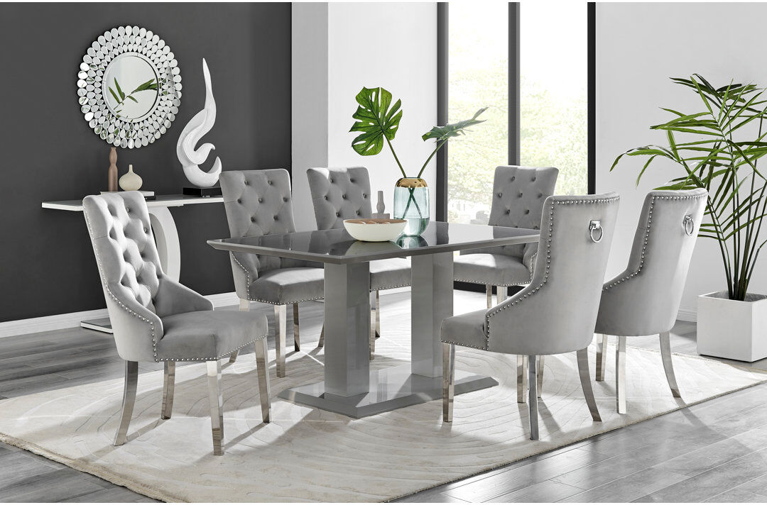Canora Grey Edzard Double Pedestal High Gloss Dining Table Set with 6 Luxury Velvet Dining Chairs Grey 6