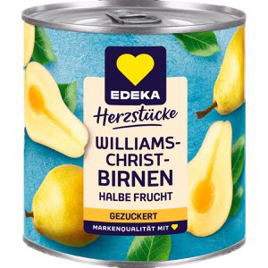 Edeka Obstkonserve Herzstücke Williams-Christ-Birnen, gezuckert, vegan, Hälften in der Dose, 820 g