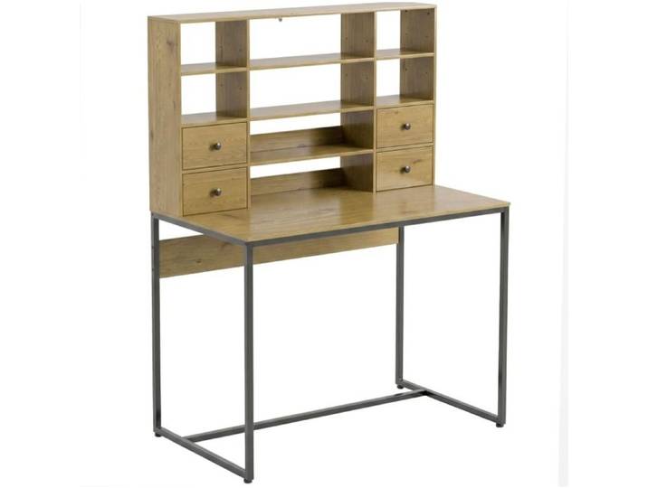 Bureau Informatique 105 cm avec 4 Tiroirs et Étagère Réglable - LPOSPI - Cadre en Métal Bois Naturel
