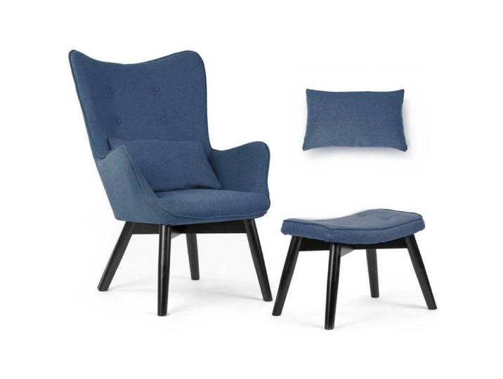 Fauteuil à oreilles avec repose-pieds - JANSPORT - Bleu - Style scandinave - Confortable - Oreiller inclus