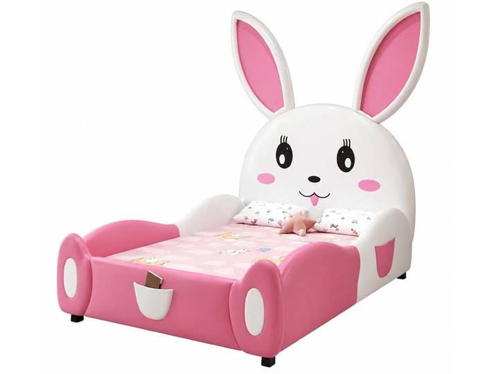 JVmoebel Kinderbett Rosa Kinderbett Häschen Bett für Mädchen LED-Beleuchtung, Made in Europa