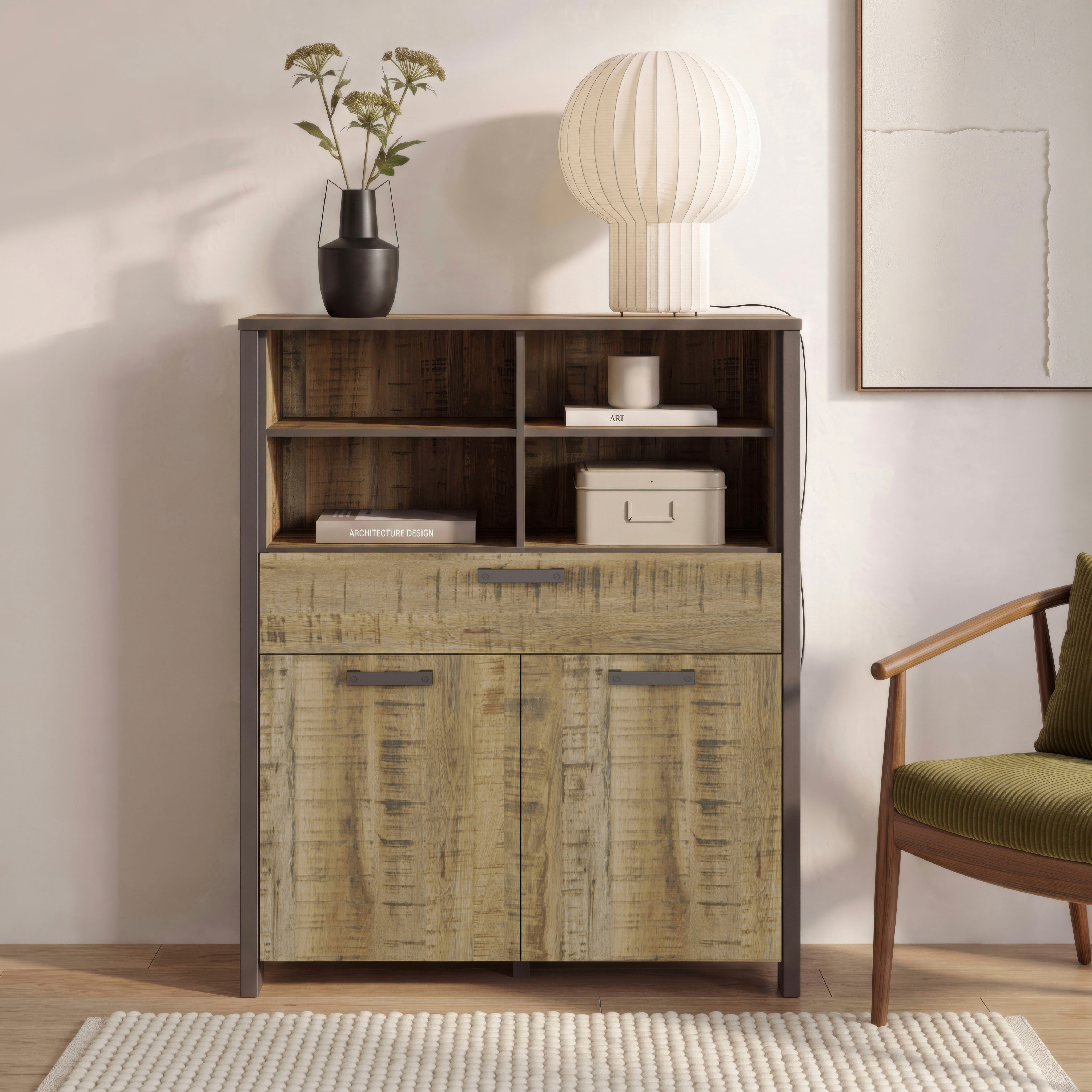 Highboard FORTE "Clif", braun (mango natur, uni wolfram grau), B:106,7cm H:127,9cm, Holzwerkstoff, Sideboards, Highboard, Breite 106 cm mango natur, uni wolfram grau B/H/T: 106,7cm x 127,9cm