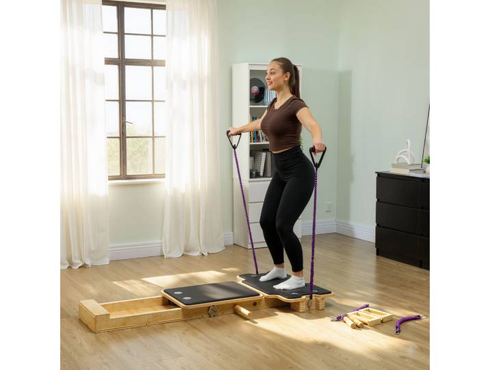 SPORTNOW Pilates Reformer Bois Naturel Résistance Maison Gym