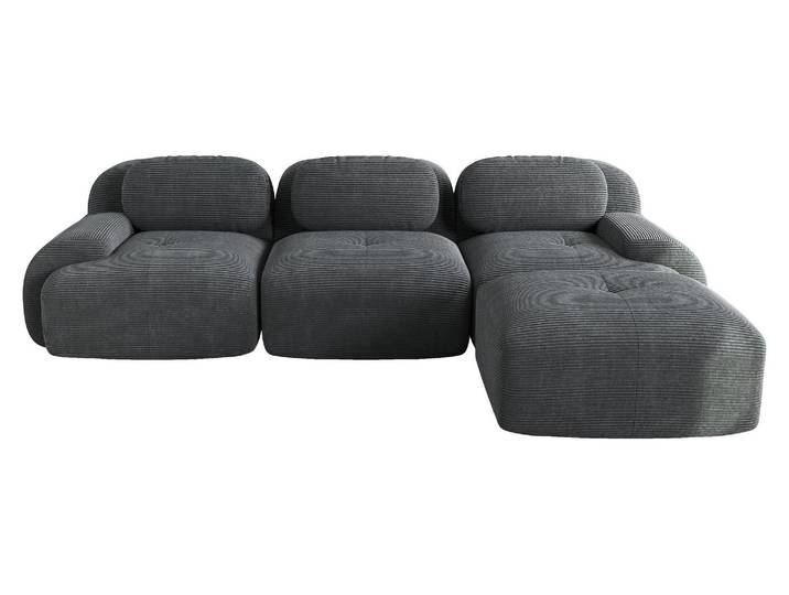 Ecksofa mit drei Sitzplätzen, modular, in grauem Rippenvelours, mit geschwungenen Armlehnen, erstklassiger Komfort, ohne Montage
