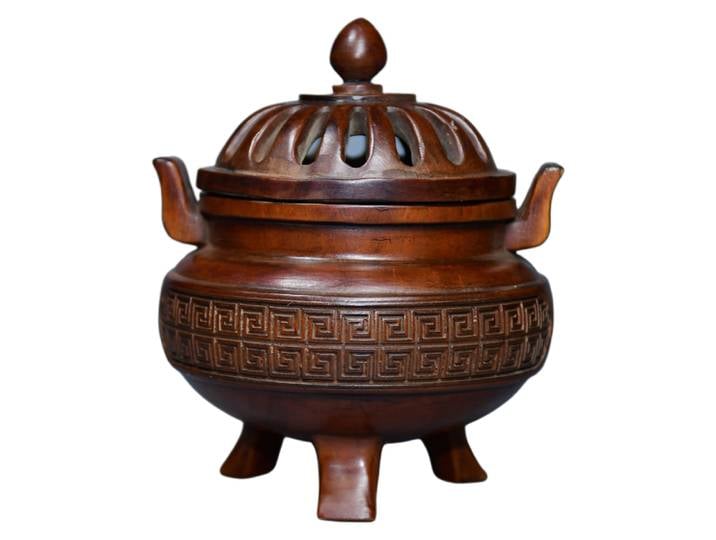 Brûleur d'encens chinois à sculpture sur bois, trépied d'encensoir sculpté à la main, clé traditionnelle ajourée, continuité, bénédiction, sérénité