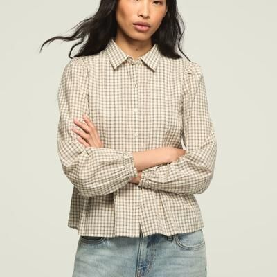 Lucky Brand Novelty Pintuck Blouse - Women's Clothing Blouses Tops Dress Shirts in Cream Plaid, Size M