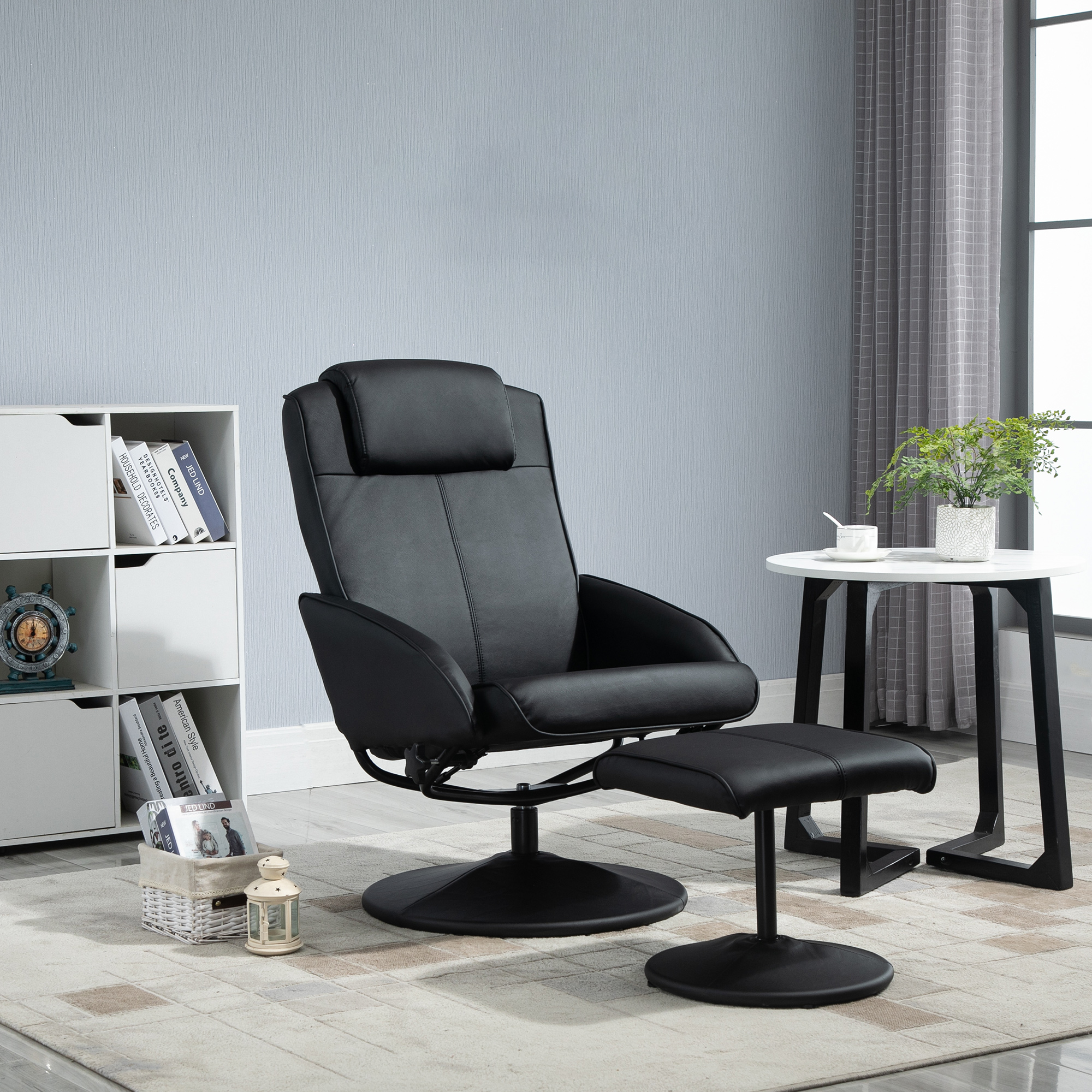 Homcom Poltrona Relax Reclinabile con Pouf Poggiapiedi Abbinato e Rivestimento in Similpelle, Nero Aosom