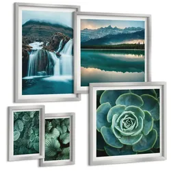 BILDER SET 5er Set - 50x50 cm & 20x30 cm & 40x60 cm Silberner Rahmen - Sukkulenten in Grün und Türkis