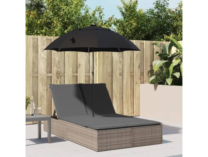 KTHLBRH Doppelliege mit Kissen und Sonnenschirm Grau Poly Rattan 4-fach verstellbare Rückenlehne, Kippmechanismus, abnehmbarer Bezug, pflegeleicht